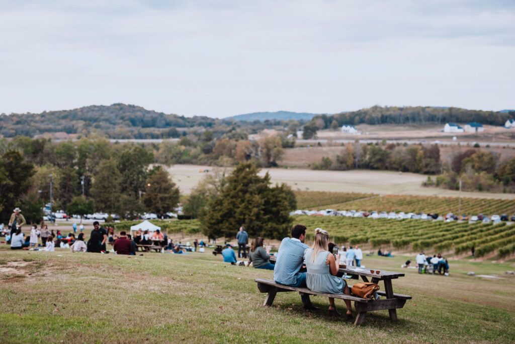 A couple sits on a wooden bench overlooking a vineyard and valley filled with people and cars in Williamson County, Tennessee.