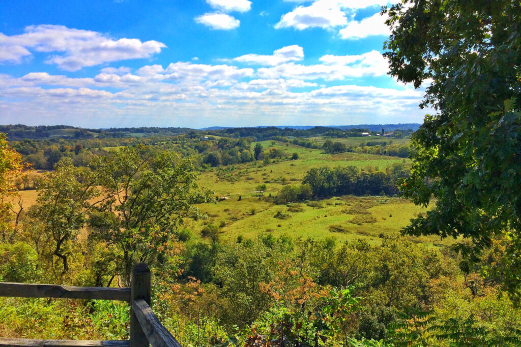 A panoramic view of a lush, green valley with rolling hills and scattered trees under a partly cloudy sky in Williamson County, Tennessee.