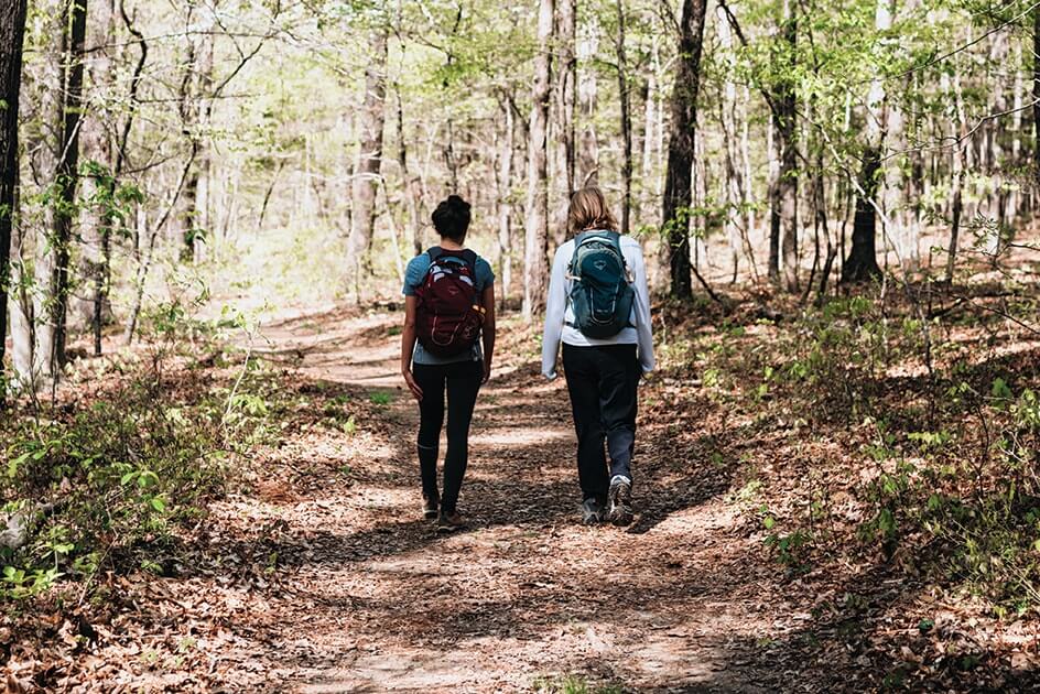 Two women walking on a forest trail