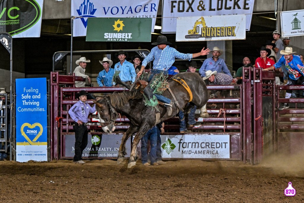 The Franklin Rodeo A cowboy in a blue checkered shirt and cowboy hat is riding a bucking bronco in a rodeo arena, with spectators and event sponsors visible in the background in Williamson County, Tennessee.