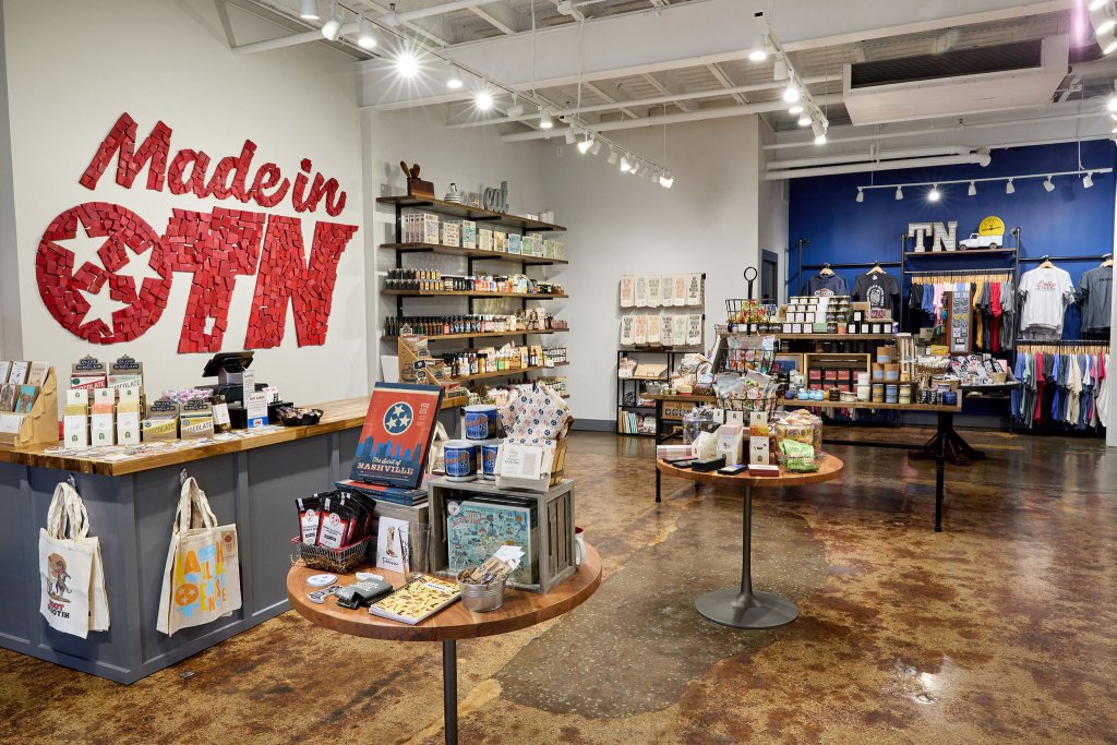 A gift shop with a 'Made in OTN' sign, selling local products and souvenirs in Williamson County, Tennessee.