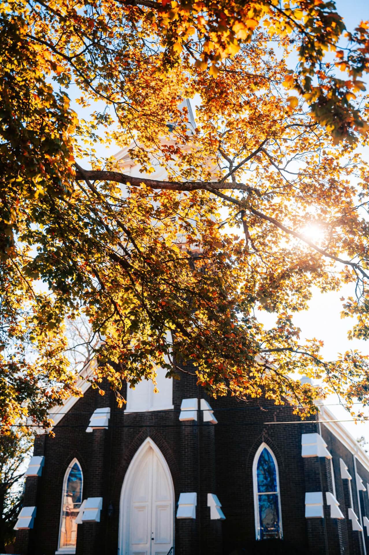 Faith Groups in Franklin A dark brick church with a white door and stained glass window is framed by autumn leaves in Williamson County, Tennessee.