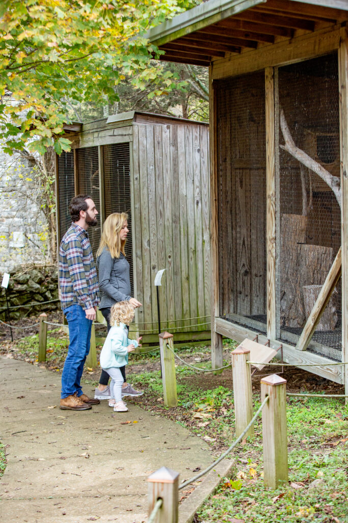A family of three walks along a path near wooden structures with mesh windows in Williamson County, Tennessee.