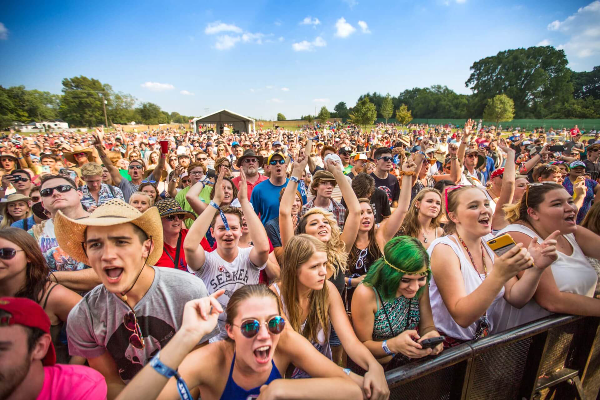 A large, enthusiastic crowd at an outdoor music festival, raising their hands in excitement in Williamson County, Tennessee.