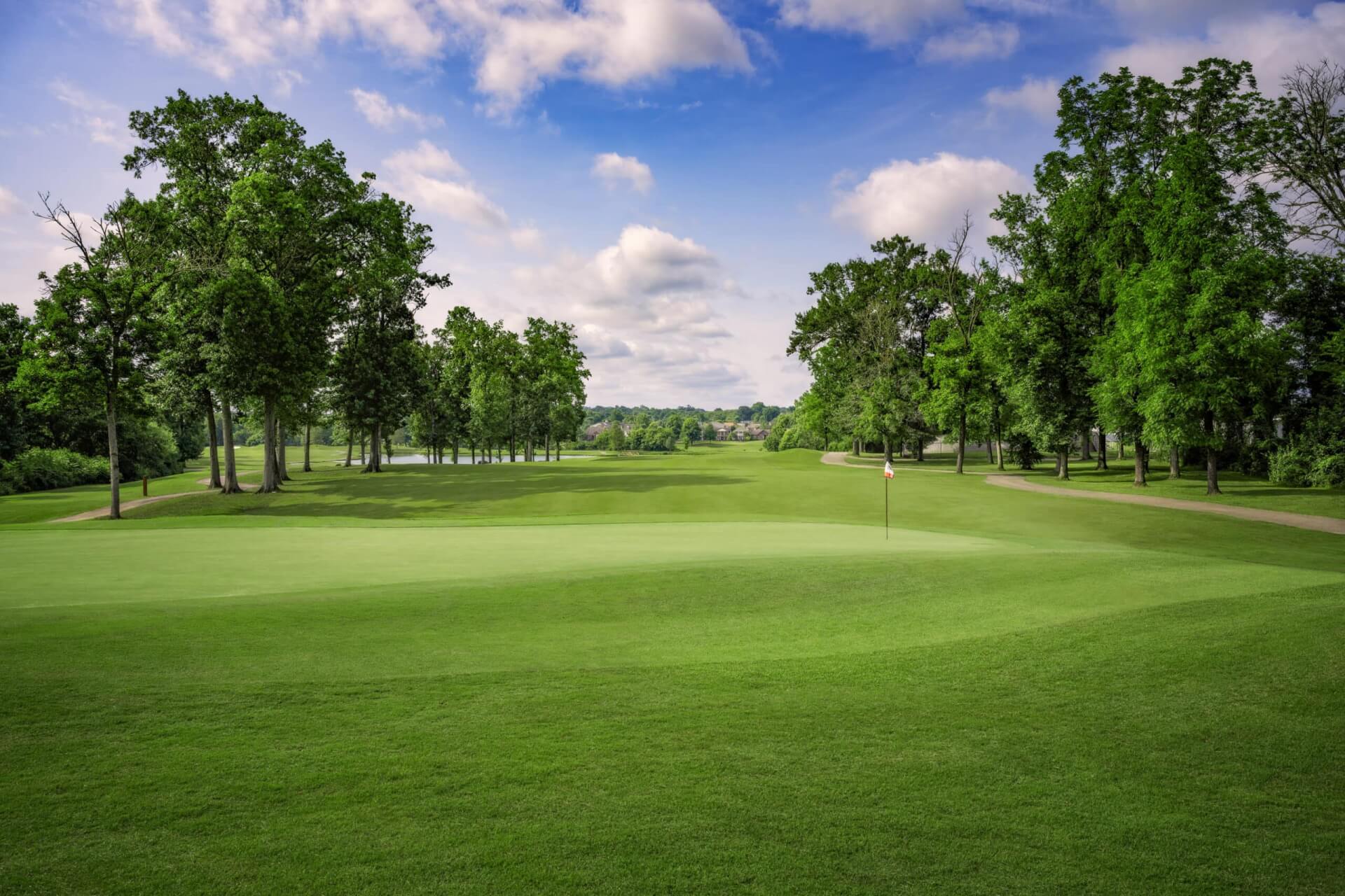 A serene golf course with lush green fairways, tall trees, and a clear blue sky in Williamson County, Tennessee.
