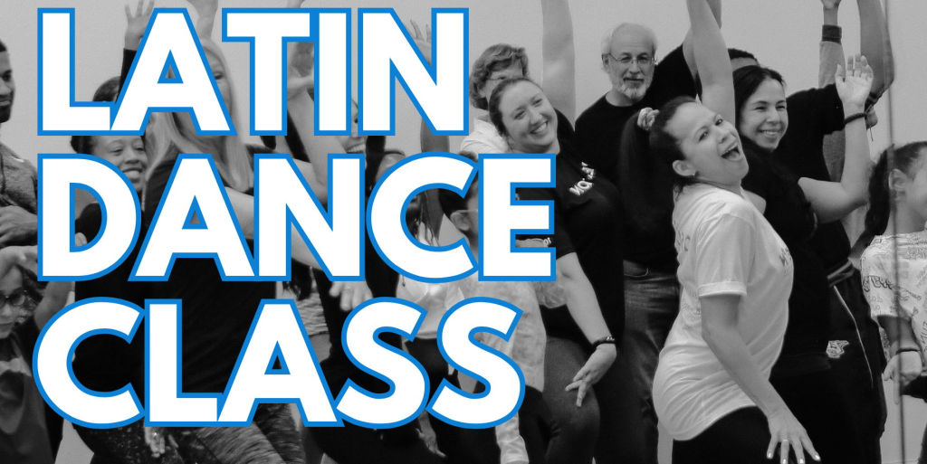 Promotional graphic for a Latin Dance Class featuring smiling participants dancing over a black and white background photo