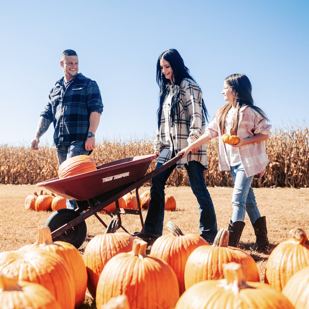 A family of three enjoys a sunny autumn day at a pumpkin patch, pushing a wheelbarrow full of pumpkins in Williamson County, Tennessee.