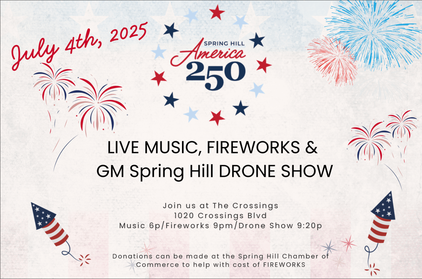 Live music, fireworks, and a drone show celebrating America's 250th birthday in Spring Hill on July 4th, 2025 in Williamson County, Tennessee.
