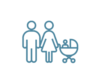 A stylized illustration of a family with a baby in a stroller in Williamson County, Tennessee.